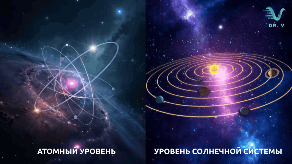Иллюстрация вложенных уровней ТУЖЖ: более крупный живой уровень или организующая система; уровень Солнечной системы или планет; организменный, клеточный и биологический уровень; молекулярный и атомный уровень